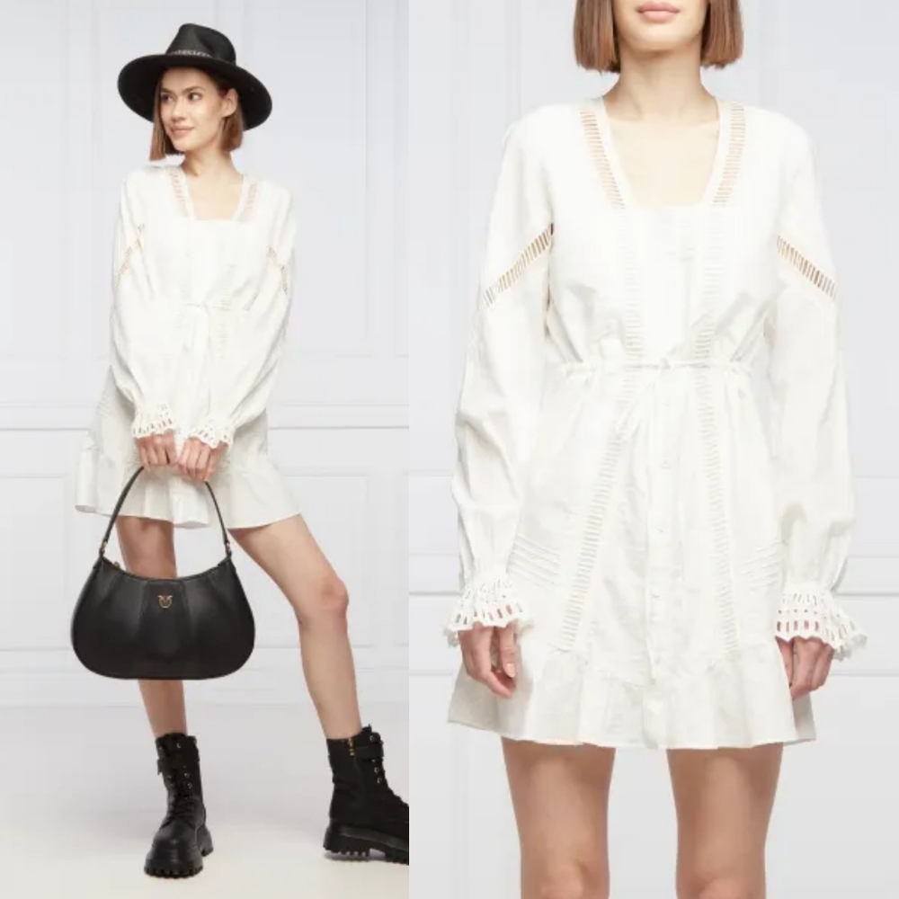 The Kooples Embroidered Lace Tie Waist Dobby Square-Neck Flounce Shirtdress Sz M - Picture 3 of 16